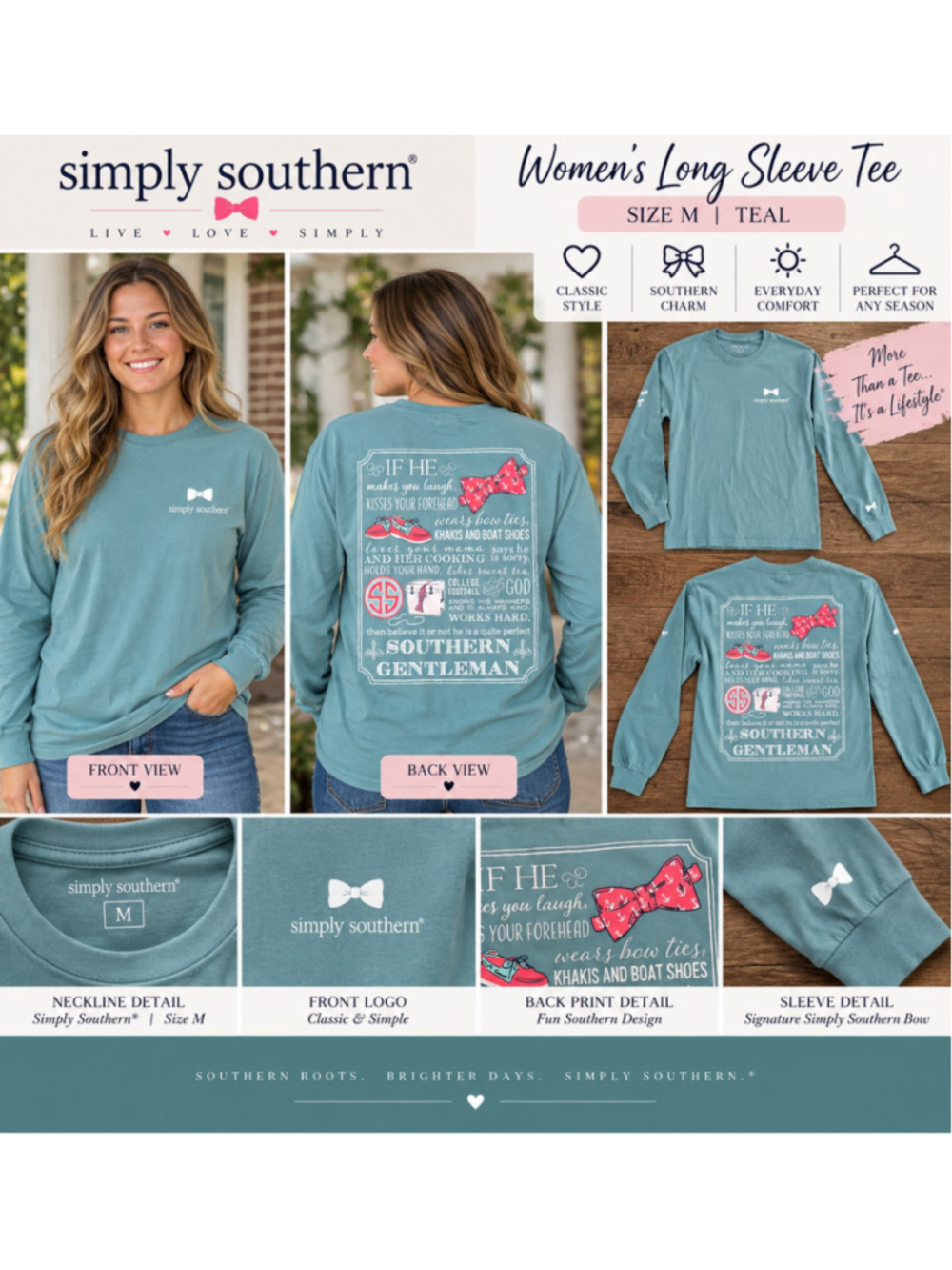Women's Simply Southern Long Sleeve Tee M Teal White F26